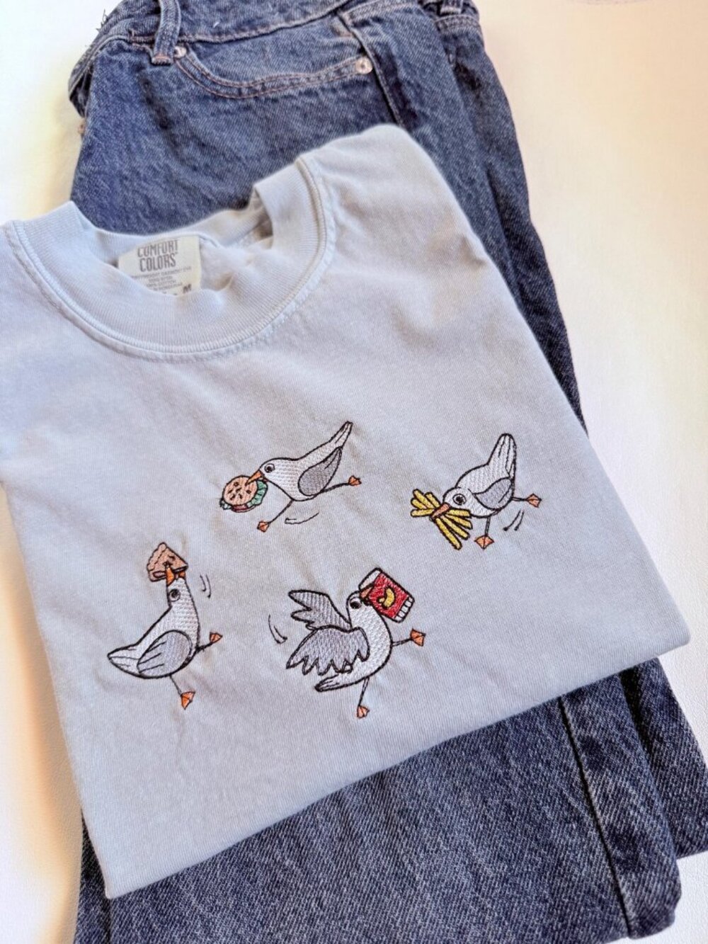 White T-Shirt Comfort Colors Silly Seagull Embroidered T-Shirt - Picture 4 of 5